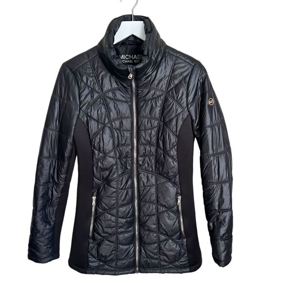 Michael Kors Jacket Womens Small Black Coat Quilted Neoprene Zip Up MK Logo - Picture 1 of 9